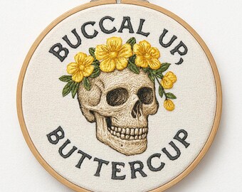 Buccal Up Buttercup Hand Embroidery Pattern | Skull with Buttercup Wreath | 10 cm Hoop Pattern