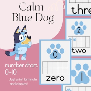 Könnte beinhalten: Eine rosa und weiße Lerntafel mit dem Text "Calm Blue Dog" und einer Cartoon-Hundefigur. Die Tafel zeigt die Zahlen 0-10 mit Pfotenabdrücken und den Wörtern für jede Zahl. Der Text "Just print, laminate and display!" ist ebenfalls enthalten.
