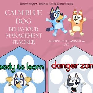 Puede incluir: Un póster rosa con el texto "CALM BLUE DOG BEHAVIOUR MANAGEMENT TRACKER". El póster presenta perros de dibujos animados y las frases "ready to learn" y "danger zone".