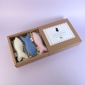 Può includere: Una scatola regalo in cartone marrone contenente tre giocattoli a forma di pesce in feltro bianco, blu e rosa, adagiati su carta sminuzzata. Il coperchio presenta un'etichetta bianca a righe rosa, un'icona di gatto nero e il testo WOOL FISH TOYS.