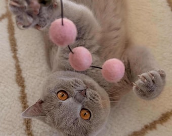 Teaser Wand Cat Toy, Fishing Rod - Interactive Kitten Enrichment, Handmade Wool Felt Balls