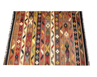 Handmade Navajo Kilim Rug, Aztec Rug, Accent Rug, Outdoor Rug/Indoor Rug, Living/Dinning Room 8x10 Ft. Wool Jute Kilim Rug, Indian Rug