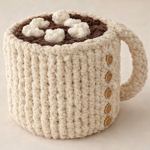 May include: A large, cream-colored, crocheted mug with a brown interior and white marshmallow accents. The mug features a handle and is adorned with four wooden buttons down the side, creating a cozy, handmade aesthetic.