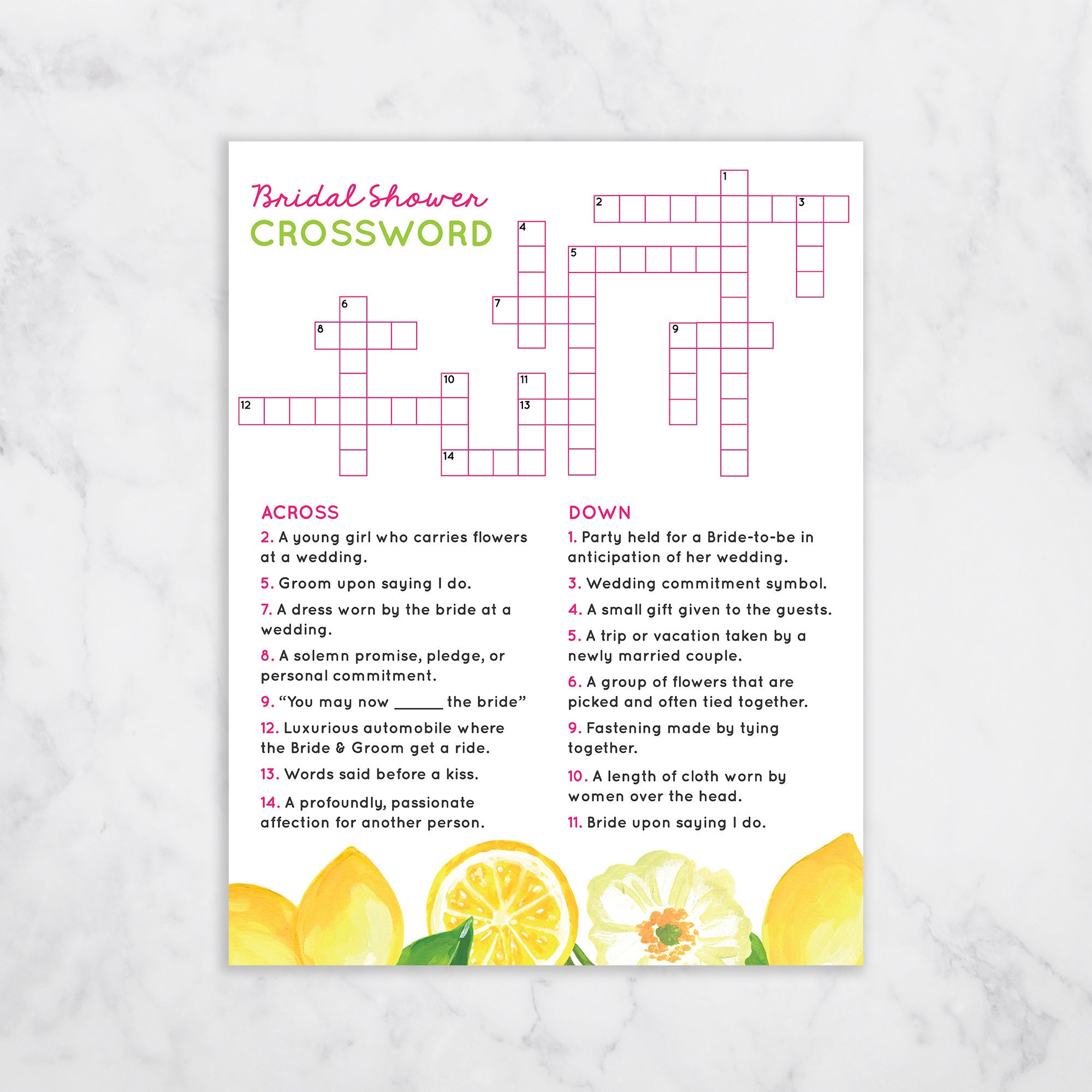 Citrus, Lemon, Floral, Crossword Puzzle Game with Answer Sheet 8.5x11