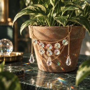 Könnte beinhalten: Ein dekoratives Accessoire aus goldfarbenen Metallketten, das über einen Terrakotta-Blumentopf drapiert ist. Das Accessoire besteht aus mehreren Kettenreihen, die mit klaren, facettierten, irisierenden Perlen und tropfenförmigen Anhängern verziert sind.