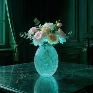 Può includere: Un vaso di vetro turchese con superficie strutturata, pieno di un bouquet di fiori rosa, bianchi e gialli. Il vaso è illuminato da una luce blu, posto su un tavolo di marmo.