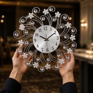 May include: A round wall clock with a silver face and black numerals. The frame features a sunburst design of silver metal swirls, white flower accents, and clear faceted crystals arranged in a circular pattern around the central dial.