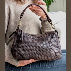 Woven Leather Handbag In Chocolate Brown, Handmade Italian Washed Aniline Hobo, Braided Artisan Shoulder Bag with Compartments, Lorefali