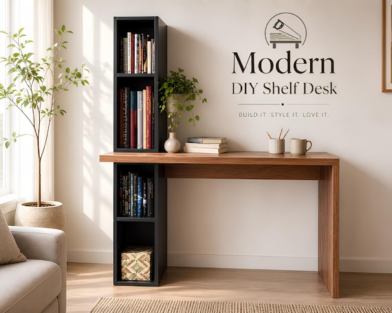 DIY Desk with Bookshelf Plans PDF – Home Office Desk Build Guide – Beginner Woodworking – Printable Furniture Plan – Instant Download