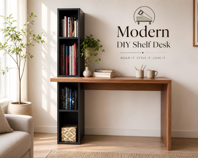 May include: A modern DIY shelf desk with a black bookshelf and a wooden desk surface. The desk has a built-in bookshelf with books and decorative items. The text "Modern DIY Shelf Desk" is displayed above the desk.