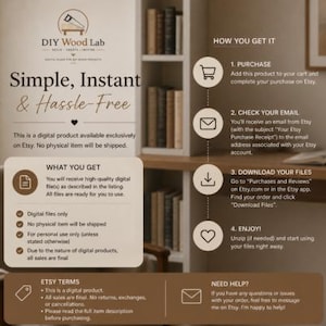 May include: An Etsy listing graphic for DIY Wood Lab, promoting digital products. The image features text that reads "Simple, Instant & Hassle-Free." It details the purchase process, including downloading files and Etsy terms. The background includes a bookshelf.