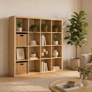 May include: A large, light-toned wooden shelving unit with sixteen square compartments. The shelves are filled with various items, including woven baskets, potted green plants, white ceramic vases, stacks of books, and pillar candles on holders.