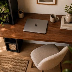 May include: A modern home office setup featuring a dark wood desk with a laptop, mug, and decorative items. A black shelf holds plants and books. A beige chair sits in front of the desk, and a woven rug is on the floor.