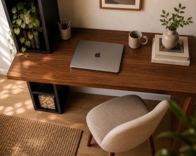 May include: A modern home office setup featuring a dark wood desk with a laptop, mug, and decorative items. A black shelf holds plants and books. A beige chair sits in front of the desk, and a woven rug is on the floor.