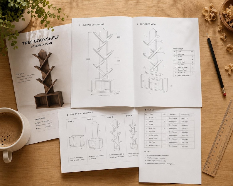 Tree Bookshelf Plans PDF, DIY Wood Shelf Build Guide, Beginner ...