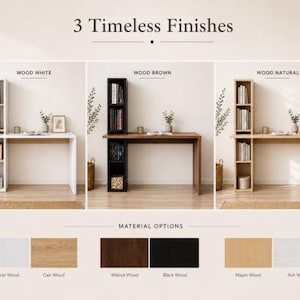 May include: Image showcasing three desk designs with integrated shelving, each in a different wood finish: white, brown, and natural. The desks are displayed with books, decor, and plants. Material options include white, oak, walnut, black, maple, and ash wood.