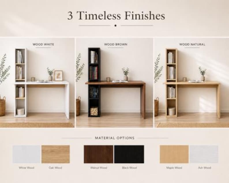 May include: Image showcasing three desk designs with integrated shelving, each in a different wood finish: white, brown, and natural. The desks are displayed with books, decor, and plants. Material options include white, oak, walnut, black, maple, and ash wood.