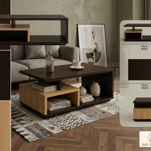 May include: A modern coffee table with a dark brown top and a light brown base. The table is 35cm high, 90cm wide, and 50cm deep. It features an open shelf and a geometric design, perfect for living rooms.