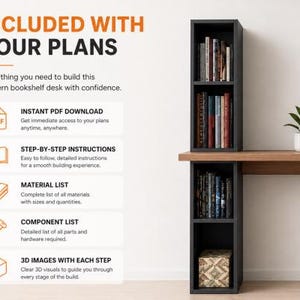 May include: Image of a modern bookshelf desk with a black bookshelf and a wooden desk surface. The image includes text that says "INCLUDED WITH YOUR PLANS" and details about the plans, including instant PDF download, step-by-step instructions, material list, component list, and 3D images.