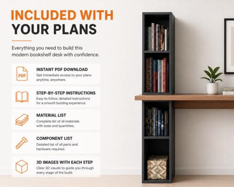 May include: Image of a modern bookshelf desk with a black bookshelf and a wooden desk surface. The image includes text that says "INCLUDED WITH YOUR PLANS" and details about the plans, including instant PDF download, step-by-step instructions, material list, component list, and 3D images.