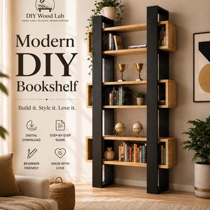 May include: A modern DIY bookshelf with a natural wood finish and black metal supports. The bookshelf is filled with books, decorative items, and plants. The image includes the text "Modern DIY Bookshelf" and "Build it. Style it. Love it."