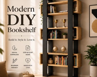 DIY Bookshelf Plan PDF Modern Industrial Shelf Woodworking Guide Beginner Friendly Instant Download Step by Step Home Decor Furniture Plan