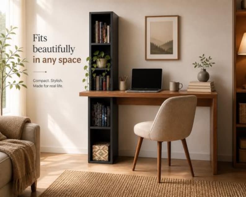 May include: A home office setup featuring a wooden desk with a laptop, mug, and books. A beige chair sits in front of the desk. A black bookshelf is attached to the desk. The text reads: "Fits beautifully in any space."