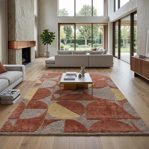 Retro Bauhaus Geometric hand tufted mid-century modern abstract pattern rug for Hallway, Bedroom & Living Room in Terracotta, Beige, Yellow