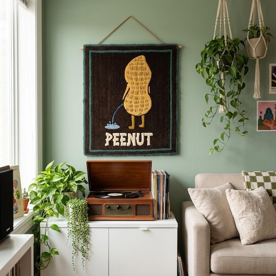 Handmade Tufted Peenut Wall Hanging, Pop Art Humor Fiber Art (100% Yarn)