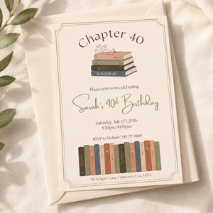 May include: A cream-colored birthday invitation card featuring the text Chapter 40, Sarah's 40th Birthday, and event details. The design includes a stack of three books at the top and a row of twelve upright books at the bottom, all in muted tones.