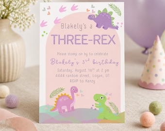 Three Rex 3rd Birthday Party Bundle, Dinosaur Birthday Invitation & Decor, Canva Template (Digital Download)