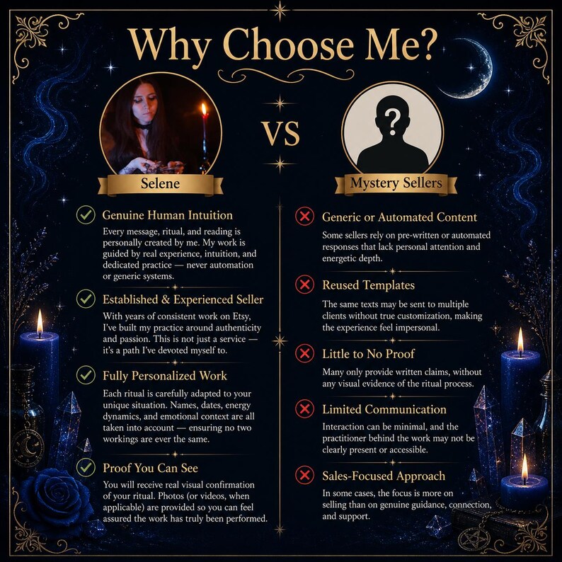 May include: A dark blue infographic titled Why Choose Me? comparing Selene, featuring a photo of a person with a candle, against Mystery Sellers. The text lists benefits like Genuine Human Intuition versus generic content, using green checkmarks and red X icons.