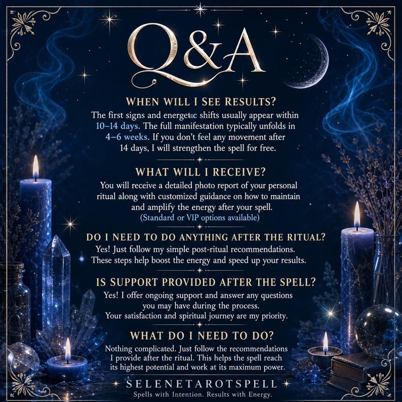May include: A dark blue informational graphic titled Q&A featuring text about ritual results, photo reports, and post-ritual guidance. The design includes lit blue candles, crystals, and a crescent moon, with the text Selenetarotspell at the bottom.