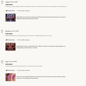 May include: A collection of three customer reviews for digital services, each featuring a thumbnail image with text. The first shows Black Magic Removal & Curse Breaker Spell, the second Bring Back Ex Strong Love Spell, and the third Dream Body Spell.