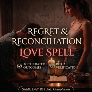 Może przedstawiać: Cyfrowa grafika z tekstem REGRET & RECONCILIATION LOVE SPELL, ACCELERATED OUTCOMES, RITUAL VERIFICATION oraz SAME DAY RITUAL COMPLETION. Obraz przedstawia dwie osoby przy świecach, książce i misce na stole z widocznymi symbolami.