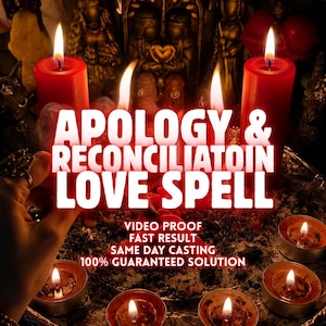 May include: Image of red candles with flames, and the text "APOLOGY & RECONCILIATION LOVE SPELL". The image also includes the text "VIDEO PROOF, FAST RESULT, SAME DAY CASTING, 100% GUARANTEED SOLUTION".