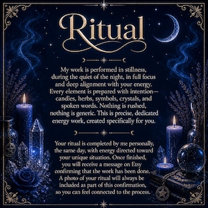 May include: A dark blue graphic featuring the word Ritual in gold script, surrounded by a crescent moon, stars, and wispy smoke. The image includes lit blue candles, clear crystals, a dark rose, and a glass sphere on a stack of books.