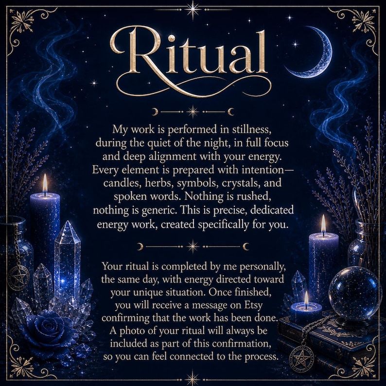 May include: A dark blue graphic featuring the word Ritual in gold script, surrounded by a crescent moon, stars, and wispy smoke. The image includes lit blue candles, clear crystals, a dark rose, and a glass sphere on a stack of books.