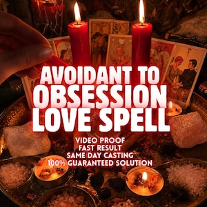 May include: A mystical scene with two red candles lit, casting a warm glow. The text "AVOIDANT TO OBSESSION LOVE SPELL" is prominently displayed. Other elements include tarot cards, crystals, and small candles.