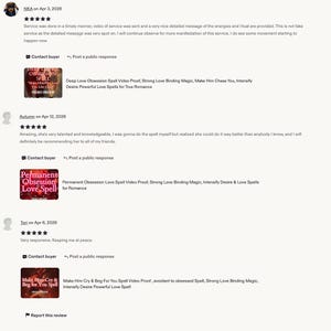 May include: A digital screenshot of three customer reviews for Etsy listings. Each review includes a five-star rating, text feedback, and a thumbnail image of a product listing featuring red and dark backgrounds with text about love spells.