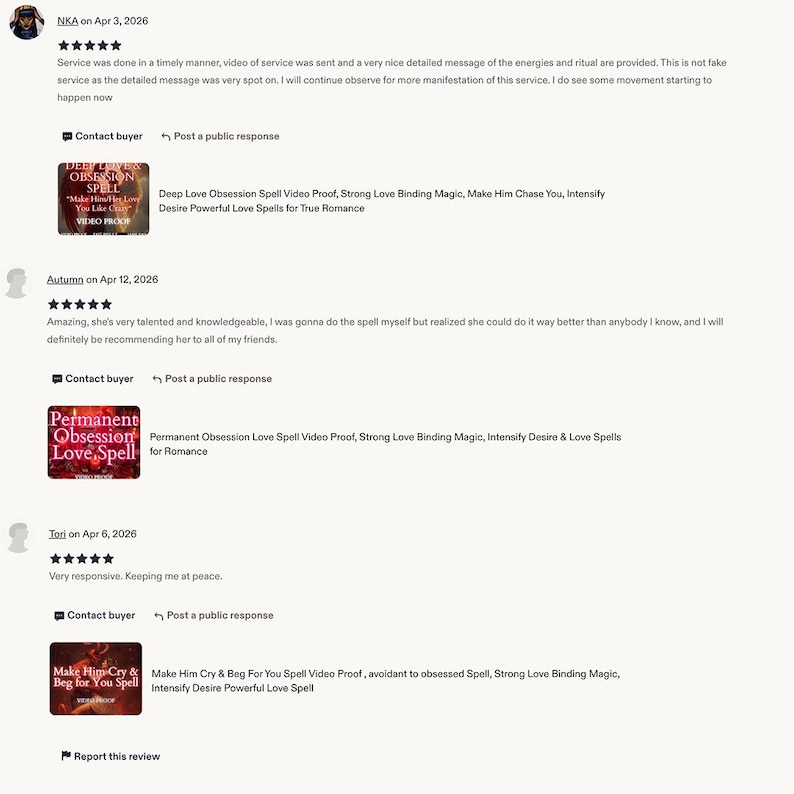 May include: A digital screenshot of three customer reviews for Etsy listings. Each review includes a five-star rating, text feedback, and a thumbnail image of a product listing featuring red and dark backgrounds with text about love spells.