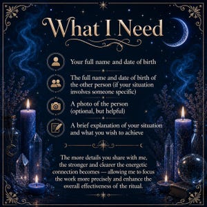 May include: A dark blue informational graphic titled What I Need, featuring gold icons and text listing requirements like full names, dates of birth, photos, and situation explanations, surrounded by illustrations of candles and crystals.