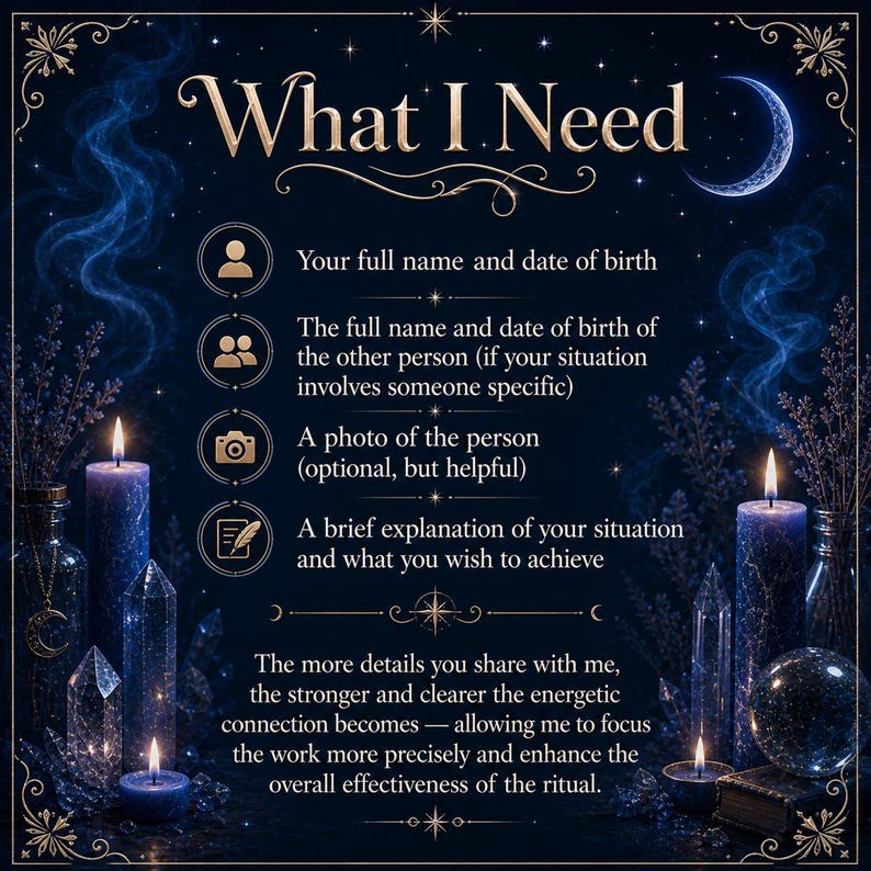 May include: A dark blue informational graphic titled What I Need, featuring gold icons and text listing requirements like full names, dates of birth, photos, and situation explanations, surrounded by illustrations of candles and crystals.