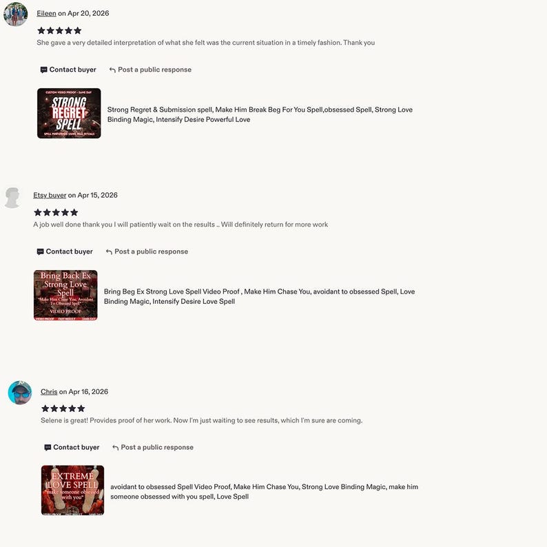 May include: A collection of three customer reviews from an Etsy shop, each featuring a five-star rating and a thumbnail image of a service listing. The listings include text such as Strong Regret Spell, Bring Back Ex Strong Love Spell, and Extreme Love Spell.