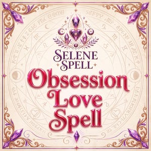 Puede incluir: Un estampado gráfico cuadrado con el texto Selene Spell Obsession Love Spell en letras de color morado oscuro y rosa metálico. El diseño incluye un motivo central de corazón y cristales, rodeado de esquinas de filigrana y símbolos zodiacales.