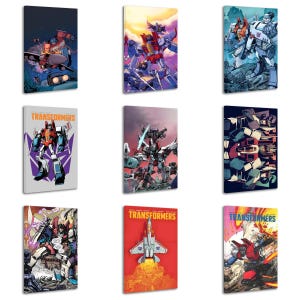 May include: A collection of nine rectangular canvas wall art prints featuring various Transformers characters in action scenes, including comic book style illustrations with vibrant colours, dynamic poses, and the Transformers logo on select prints.
