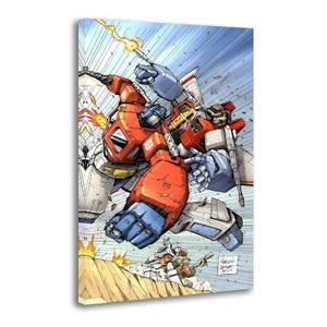May include: A vibrant comic book style illustration featuring a red and blue robot character in a dynamic combat pose, firing a yellow energy blast. A smaller white robot stands on a rocky terrain below, with motion lines and debris throughout.