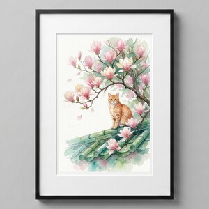 Orange Cat Wall Art, Watercolor Cat Print with Magnolia Blossom, Digital Download