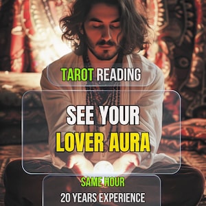 May include: Image promoting tarot reading services. The image features a person with long hair, wearing a white shirt, and holding a glowing orb. Text on the image reads "Tarot Reading", "See Your Lover Aura", "Same Hour", and "20 Years Experience".