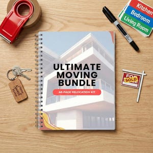 May include: A spiral-bound notebook titled "ULTIMATE MOVING BUNDLE" with a 48-page relocation kit. The image includes a red tape dispenser, keys with a "Home Sweet Home" keychain, a black marker, and labels for "Kitchen," "Bedroom," and "Living Room." A small "FOR SOLD" sign is also present.